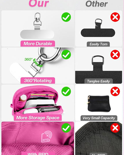 Clip and Go Strap for Phone with Wallet Crossbody Phone Lanyard Adjustable and Detachable RFID Wristlet Wallet with ID Window and Zipper, Hot Pink