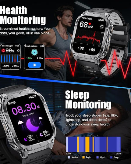2.0" Military Smart Watch for Men with Flashlight, Make/Answer Calls, 1000mAh, IP68 Waterproof, 100+ Sport Modes Fitness Tracker for Workout Outdoor iOS Android Compatible, Black-Gray