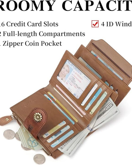 Blucoay Wallet Women,Rfid Blocking Leather Bifold Womens Wallet Compact Card Holder Small Wallet for Women with Removable ID Window Darkhkaki