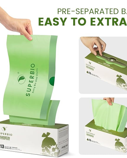 SUPERBIO 13 Gallon Compostable Drawstring Kitchen Waste Bag, 49.2 Liter, 30 Count,1 Mil, Heavy Duty Food Scrap Bags, BPI, Seedling and OK compost INDUSTRIAL