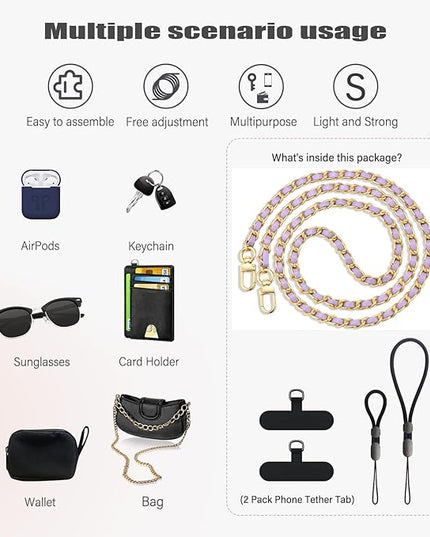 BFSD·DM Phone crossbody strap, 2× Pads,1× Leather Phone Strap,1× Phone Wrist Strap,1× Adjustable Finger Strap,Universal Crossbody Patch Phone Lanyards,Compatible with Most Smartphones(purple-48in)