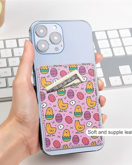 Phone Card Holder, Dual Pocket Leather Wallet Adhesive Stick On, Cute Credit Card Holder for Smartphones Case Compatible with Most Phone（Cute chick）
