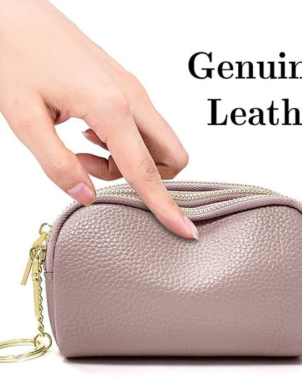 LINNO 3 Zippered Genuine Leather Coin Purse Triple Capacity Change Pouch Little Travel Wallet With Key Ring for Women