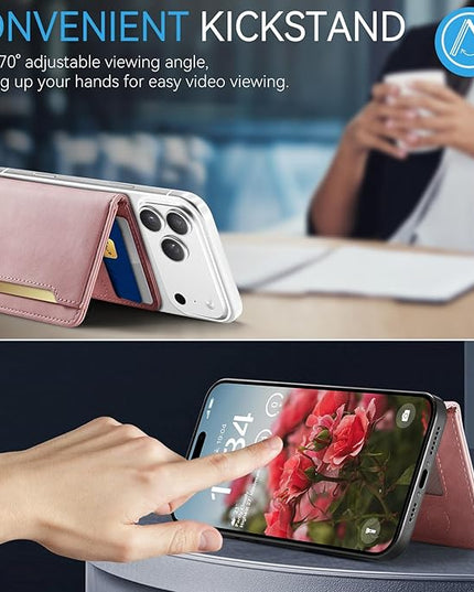 Vinich for MagSafe Wallet Magnetic RFID Blocking Card Holder Compatible with MagSafe Phones and Cases, Strong Magnet Minimalist Phone Wallet for iPhone 17/16/15/14/13/12/ Pro/Max/Plus, Rose Pink