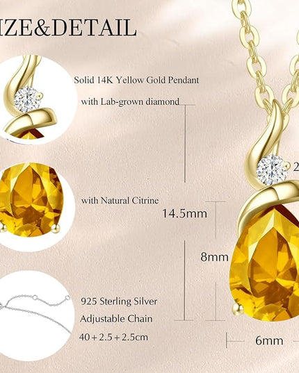 FANCIME 14K Solid Yellow Gold Birthstone Pendant Necklace for Women with Diamond Pear Shaped Teardrop Necklace Birthday Gifts for Mom Women Sterling Silver Chain 16" + 2" Extender