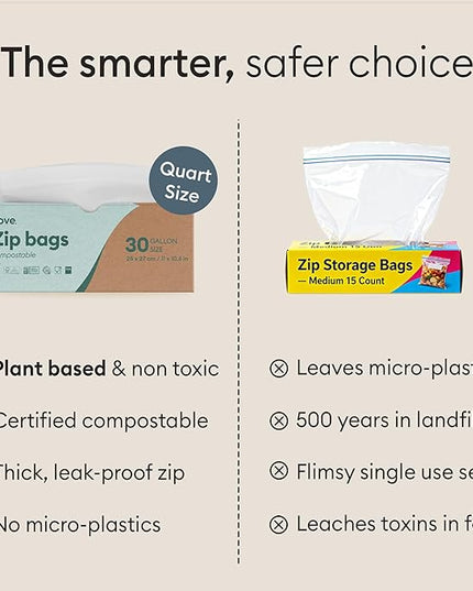 Vove Compostable Quart Bags 30 Ct – PFAS-Free, BPI Certified, Freezer Safe with Airtight Seal for Leftovers & Meal Prep, Plant-Based