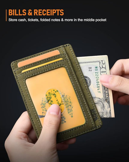 Buffway Slim Minimalist Front Pocket RFID Blocking Leather Wallets for Men and Women - At Sahara Desert Green