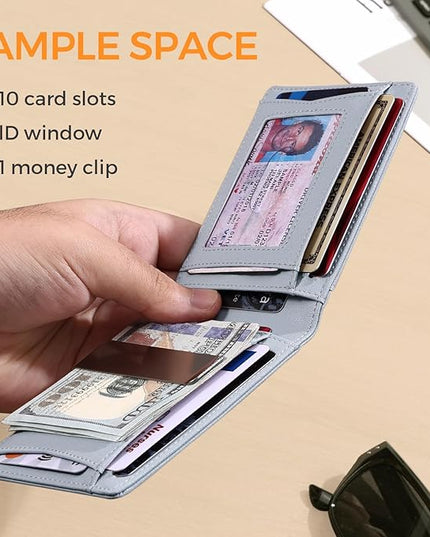 RUNBOX Slim Money Clip Wallets for Men RFID Blocking 11 Card Holder Minimalist Small Leather Bifold Men's Front Pocket Wallet Gift Box