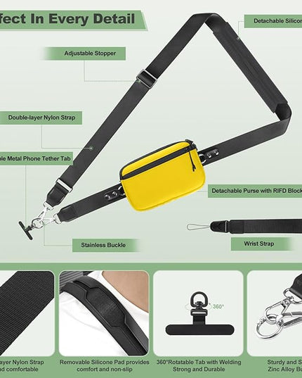 Clip and Go Strap for Phone with Wallet Crossbody, Adjustable Phone Lanyard with Detachable RFID Wristlet Wallet & Ultra-Thin 360° Rotatable Metal Tabs for All Smartphones (Yellow)