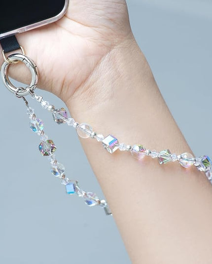Cell Phone Wrist Strap Crystal Beaded Phone Bracelet Strap For Women Sparkling Beads Wristlet Lanyard Beaded Chain (Transparent Rainbow)