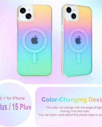 Glitter Case for iPhone 14 Plus & iPhone 15 Plus Case for Women Girls [ Compatible with Magsafe ] Clear Cute Girly Iridescent Rainbow Sparkly Bling Magnetic Phone Cover, Gradient Blue & Pink