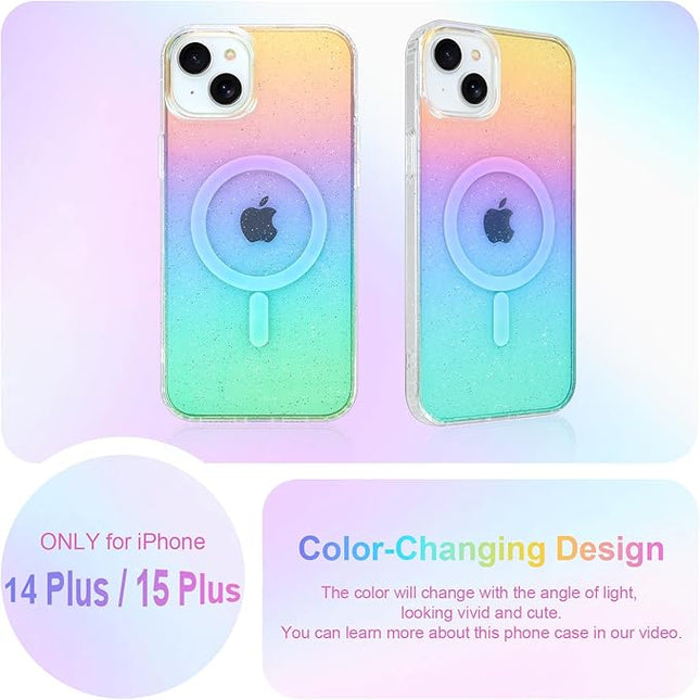 Glitter Case for iPhone 14 Plus & iPhone 15 Plus Case for Women Girls [ Compatible with Magsafe ] Clear Cute Girly Iridescent Rainbow Sparkly Bling Magnetic Phone Cover, Gradient Blue & Pink