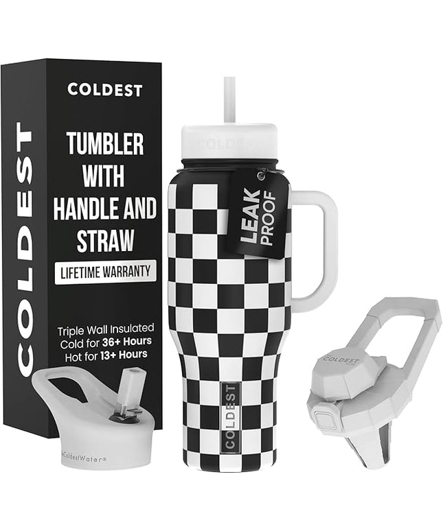 Coldest Tumbler with Handle and Straw - 100% Spill Proof Tumbler with Straw (3 Lids) - Stainless Steel Insulated Leakproof Tumblers for Women & Men - 36 oz (Black and White Checkers)