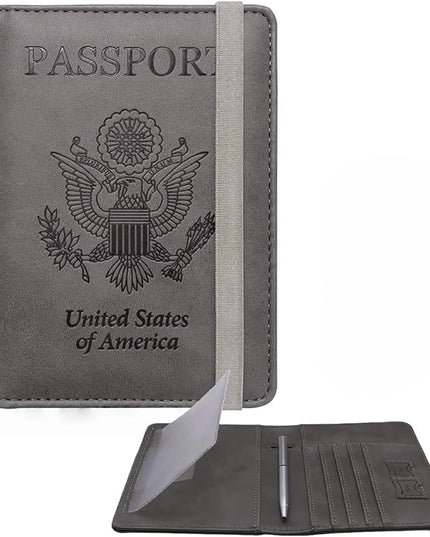 WALNEW Passport Holder for Travel, RFID Passport Cover Wallet for Women Men, PU Leather Passport Book Card Holder Case with Pen (Upgraded, Upgraded-Gray)