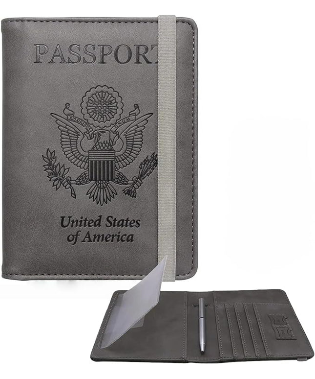 WALNEW Passport Holder for Travel, RFID Passport Cover Wallet for Women Men, PU Leather Passport Book Card Holder Case with Pen (Upgraded, Upgraded-Gray)