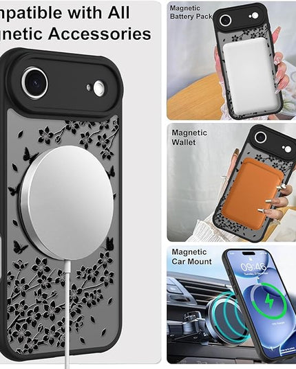 Cute Case for iPhone Air Case with Stand [ Compatible with MagSafe ] Kawaii Black Cat & Floral & Butterflies Pattern Design 360 Magnetic Ring Kickstand Phone Cover for Women Girls Boys
