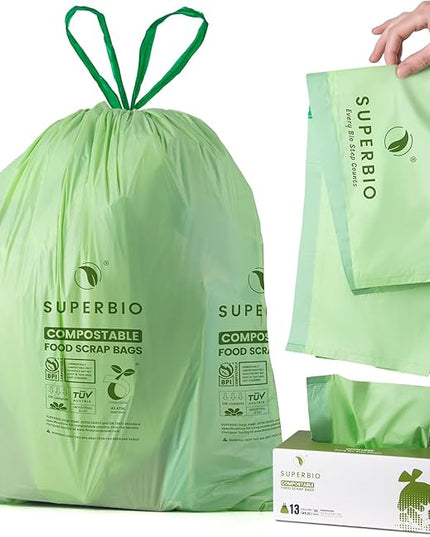 SUPERBIO 13 Gallon Compostable Drawstring Kitchen Waste Bag, 49.2 Liter, 30 Count,1 Mil, Heavy Duty Food Scrap Bags, BPI, Seedling and OK compost INDUSTRIAL