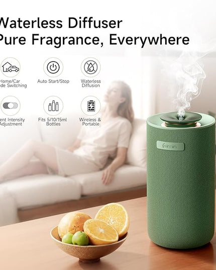 Waterless Cordless Essential Oil Aromatherapy Diffuser - Dual Home/Car Mode with Auto Start-Stop, Strong/Light Scent Adjustment, Air Freshener for Office, Car, Compatible with 5/10/15ml Bottles