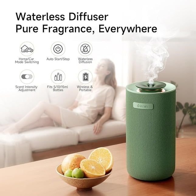 Waterless Cordless Essential Oil Aromatherapy Diffuser - Dual Home/Car Mode with Auto Start-Stop, Strong/Light Scent Adjustment, Air Freshener for Office, Car, Compatible with 5/10/15ml Bottles