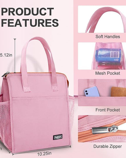 Fmeida Insulated Lunch Bag Women - 12L Leakproof Womens Lunch Tote w Zipper Reusable Lunch Bags Thermal Cooler Tote Multipocket for Work Hiking Beach Picnic | Pink
