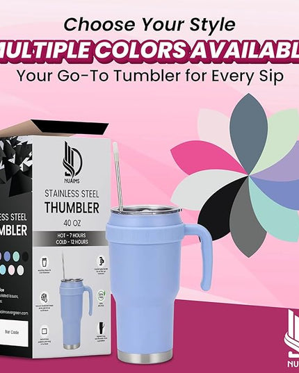 40 Oz Tumbler with Handle & Straw Lid, Insulated Stainless Steel Vacuum Flask, Double Wall Thermal Car Cup for Hot & Cold Drinks, Leak Proof, BPA Free (Off White)