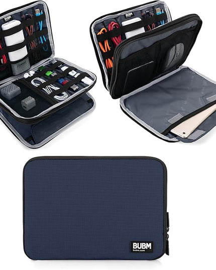 BUBM Double Layer Electronics Organizer, Travel Gadget Bag for Cables, Memory Cards, Flash Hard Drive and More, Fit for iPad or Tablet(up To 9.7")--Large, Dark Blue
