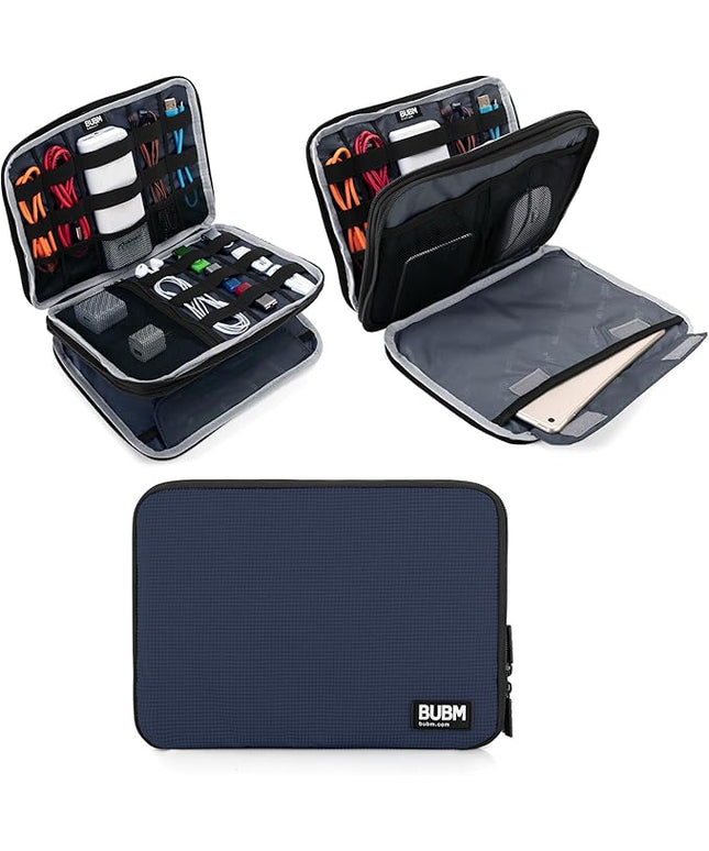 BUBM Double Layer Electronics Organizer, Travel Gadget Bag for Cables, Memory Cards, Flash Hard Drive and More, Fit for iPad or Tablet(up To 9.7")--Large, Dark Blue