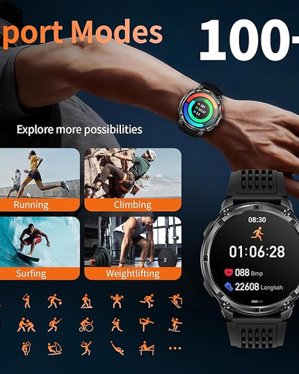 Mens Smart Watch for Android Phones and iPhone,Military Sport Smart Watches for Men Fitness Tracker Watch with Flashlight/Compass/Waterproof/100 Days Battery/Heart Rate/Sleep/100+ Sport Modes