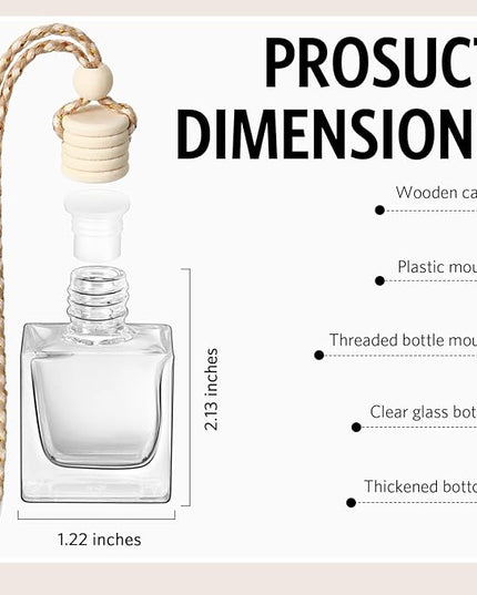 BBTO 100 Pcs Oil Air Freshener Diffuser with Wooden Cap Empty Essential Diffuser Aromatherapy Car Fresheners Car Fragrance Holder Aesthetic Decor Hanging Perfume Bottle (Clear,Square Style)