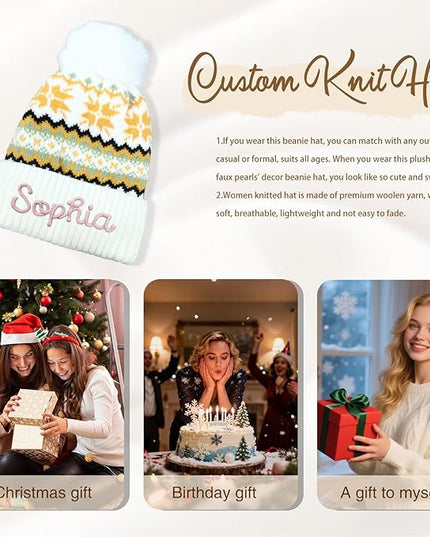 Personalized Beanie for Women Custom Knit with Name, Winter Hat with Pom Pom, Soft Lined Warm Hat, Birthday Gift