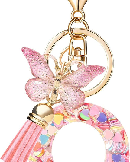 Fashion Alphabet Initial Letter Keychain Tassel Butterfly Pendant Key Ring for Purse Handbags Women Girl