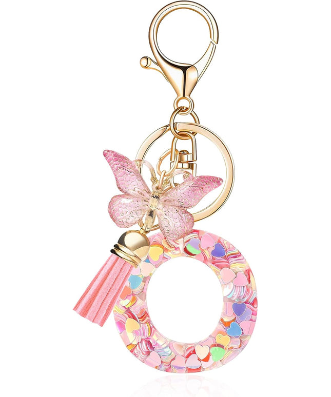 Fashion Alphabet Initial Letter Keychain Tassel Butterfly Pendant Key Ring for Purse Handbags Women Girl