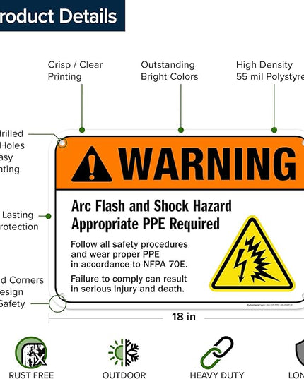 Warning Arc Flash And Shock Hazard Appropriate PPE Required Sign, 12x18 Inches, 55 mil thick HDPS (high density polystyrene), Made in USA by My Sign Center
