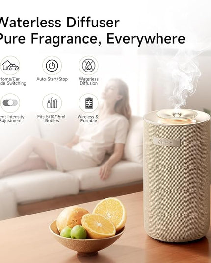 Auto-Start/Stop 2-in-1 Car Diffuser, Waterless Essential Oil Diffuser & Auto Air Freshener for Home Aromatherapy, Cordless Adjustable Fragrance Diffuser Compatible with 5/10/15ml Bottles