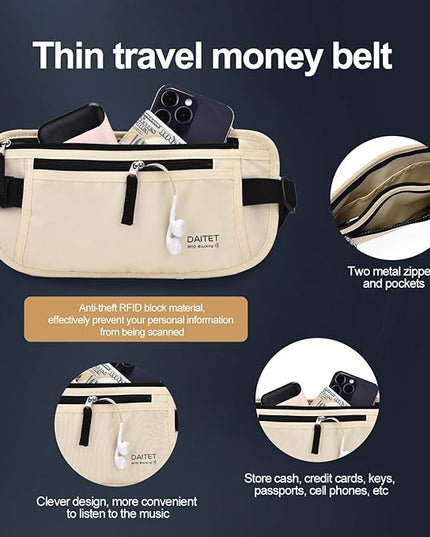 RFID Blocking Money Belt for Men Women, Slim Fanny Pack for Travel，Running,Conceal Waist Wallet for Passport Holder,Phone,Cash(Cream White)