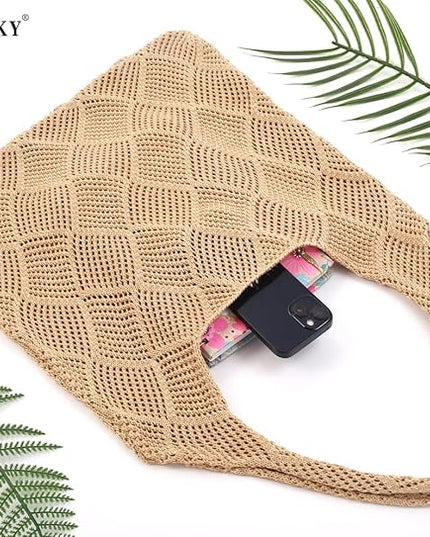 COOKOOKY Crochet Beach Tote bag Summer Beach Bag for Women Aesthetic Mesh Tote Bag Hippie Bag Knit Bag