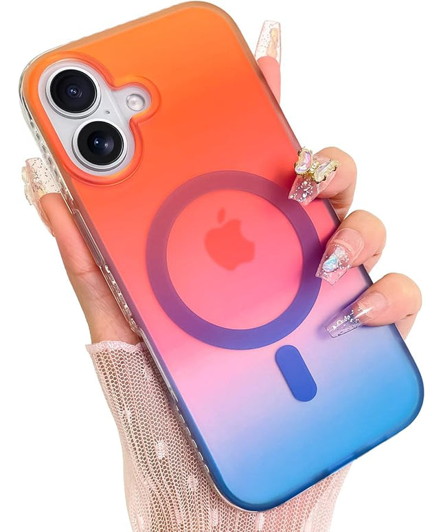 Aesthetic Case for iPhone 17 Case for Women Girls [Compatible with Magsafe] Cute Girly Trendy Glitter Sparkly Rainbow Magnetic Protective Phone Cover, Matte Iridescent Orange & Blue