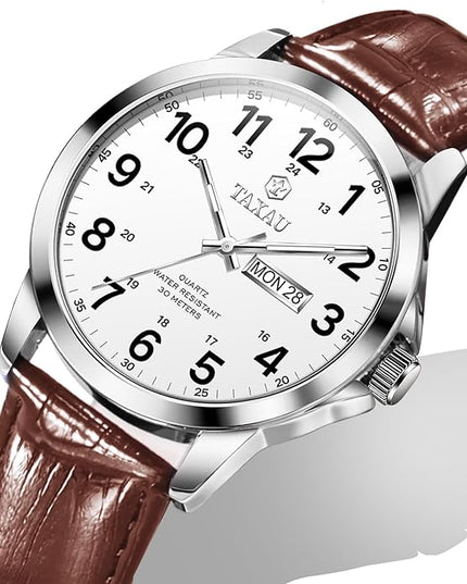 Men's Watches Leather Band Stainless Steel Quartz Analog Watch Luxury Waterproof Watches for Men Dress Men's Wrist Watch with Day Date Arabic Numeral Relojes para Hombre