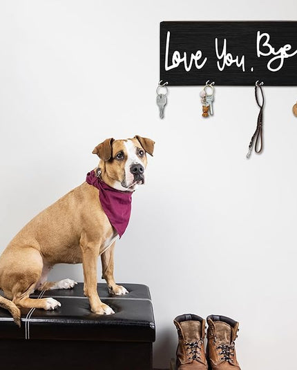 MBYHP Wooden Key Holder with 4 Hooks - Love You Bye Decorative Key Organizer for Wall - Home Office Kitchen Hallway Entryway Wall Decor for Keys, Dog Leash Hanging - A05