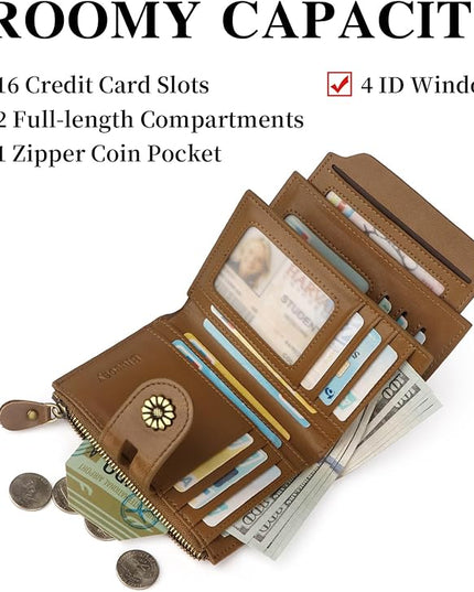 Blucoay Wallet Women,RFID Blocking Womens Wallet,Leather Bifold Compact Small Wallet for Women Card Holder with Zip Coin Pocket(apricotbrown)