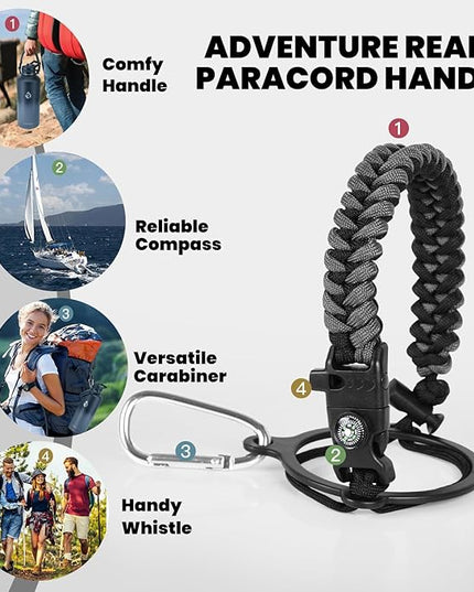 Insulated Water Bottle 87 oz, Triple Wall Vacuum Stainless Steel (Cold for 48 Hrs), Leak Proof & Non-BPA, Modern Water Flask Jug with Paracord Handle & Straw Spout Lids, Dark Grey