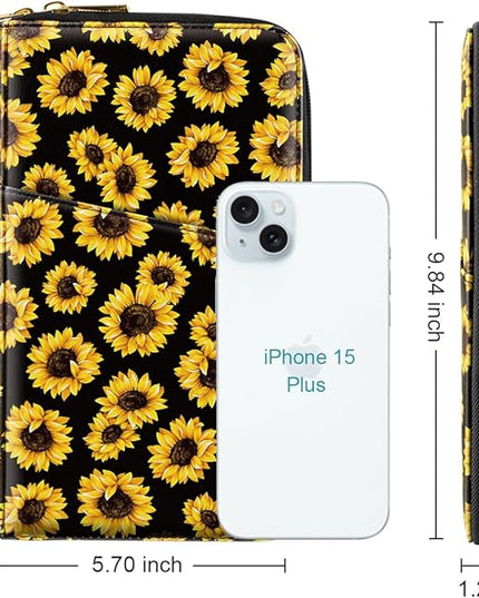 Family Passport Holder Wallet RFID Blocking Document Organizer PU Leather Mulit-purpose Travel Wallet Credit Cards Case for Women Men,Sunflowers