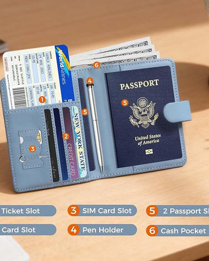 Melsbrinna Premium Leather Passport Holder Covers Case, Waterproof Rfid Blocking Travel Wallet Passport Holder with Pen Holder, Cute Passport Book for Women/Men