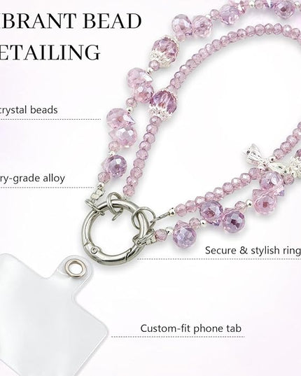 Phone Charm for Women, Anti-Theft Phone Wrist Strap Hands-Free, Crystal Beaded Chain, Detachable Cellphone Lanyard with Tether Tab