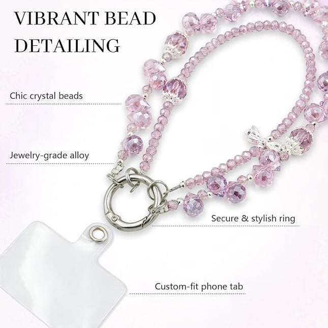 Phone Charm for Women, Anti-Theft Phone Wrist Strap Hands-Free, Crystal Beaded Chain, Detachable Cellphone Lanyard with Tether Tab