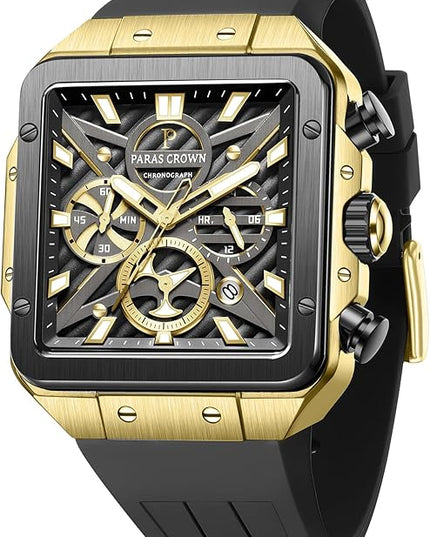 Paras Crown Watches for Men Tonneau 5ATM Waterproof Quartz Luxury Chronograph Analog Men's Wrist Watches Stainless Steel Case Mens Watches