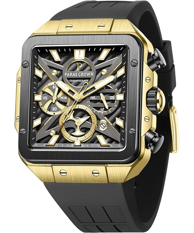 Paras Crown Watches for Men Tonneau 5ATM Waterproof Quartz Luxury Chronograph Analog Men's Wrist Watches Stainless Steel Case Mens Watches
