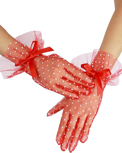 Women's Short Lace Gloves with Bow Ruffles Lace Tea Party Gloves for Wedding Costume Evening Dinner Party