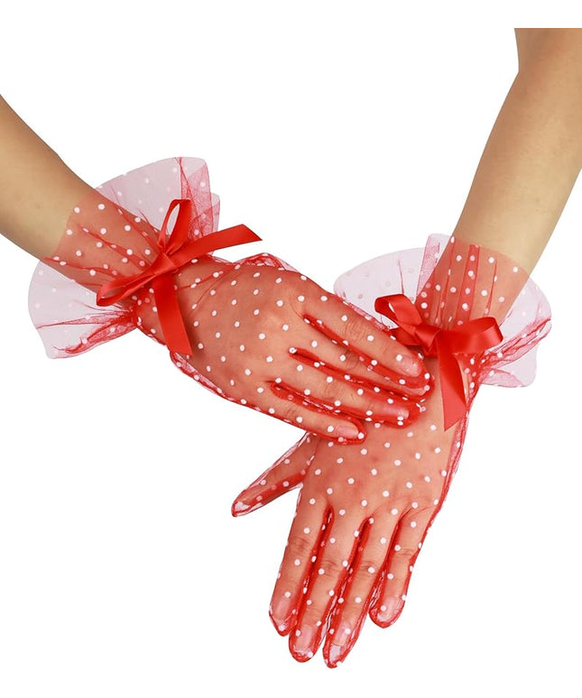 Women's Short Lace Gloves with Bow Ruffles Lace Tea Party Gloves for Wedding Costume Evening Dinner Party