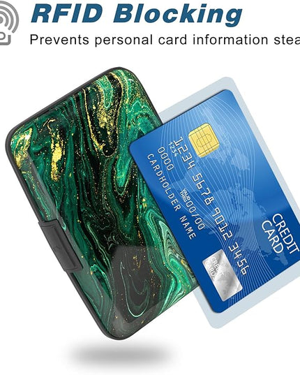 Atufsuat Credit Card Holder, Mini Aluminum Card Wallet RFID Blocking Slim Metal Hard Card Case for Women Men, Green Gold Marble